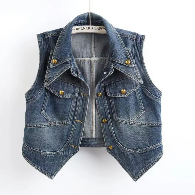 Signore primavera e autunno nuovo design unico gilet di jeans gilet corto senza maniche da donna top gilet moda casual gilet di jeans Voat