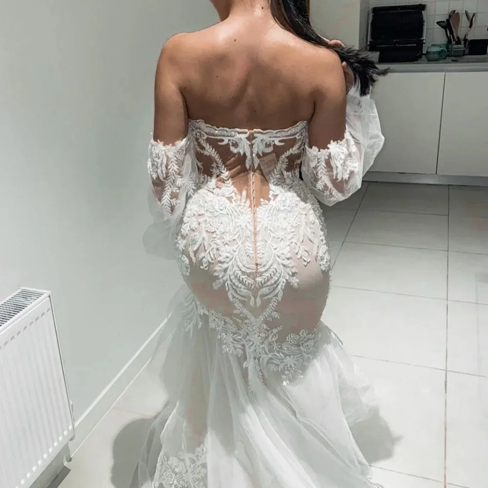 Prinzessin Schatz Meerjungfrau Brautkleider Boho Applikationen lange Ärmel abgestufte boden lange Spitze Brautkleider vestido de novia