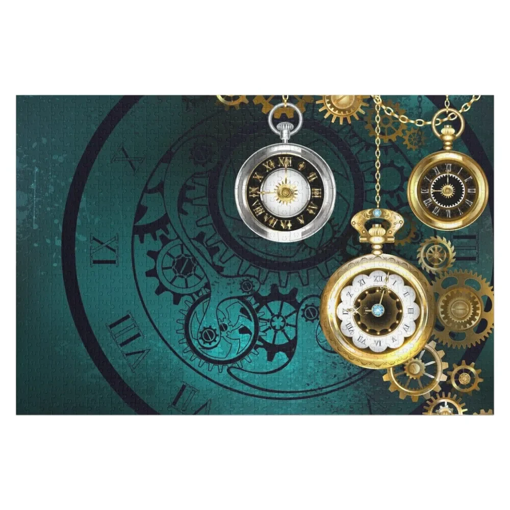 Clock with Gears on Green Background ( Steampunk ) Jigsaw Puzzle Animal Iq Puzzle