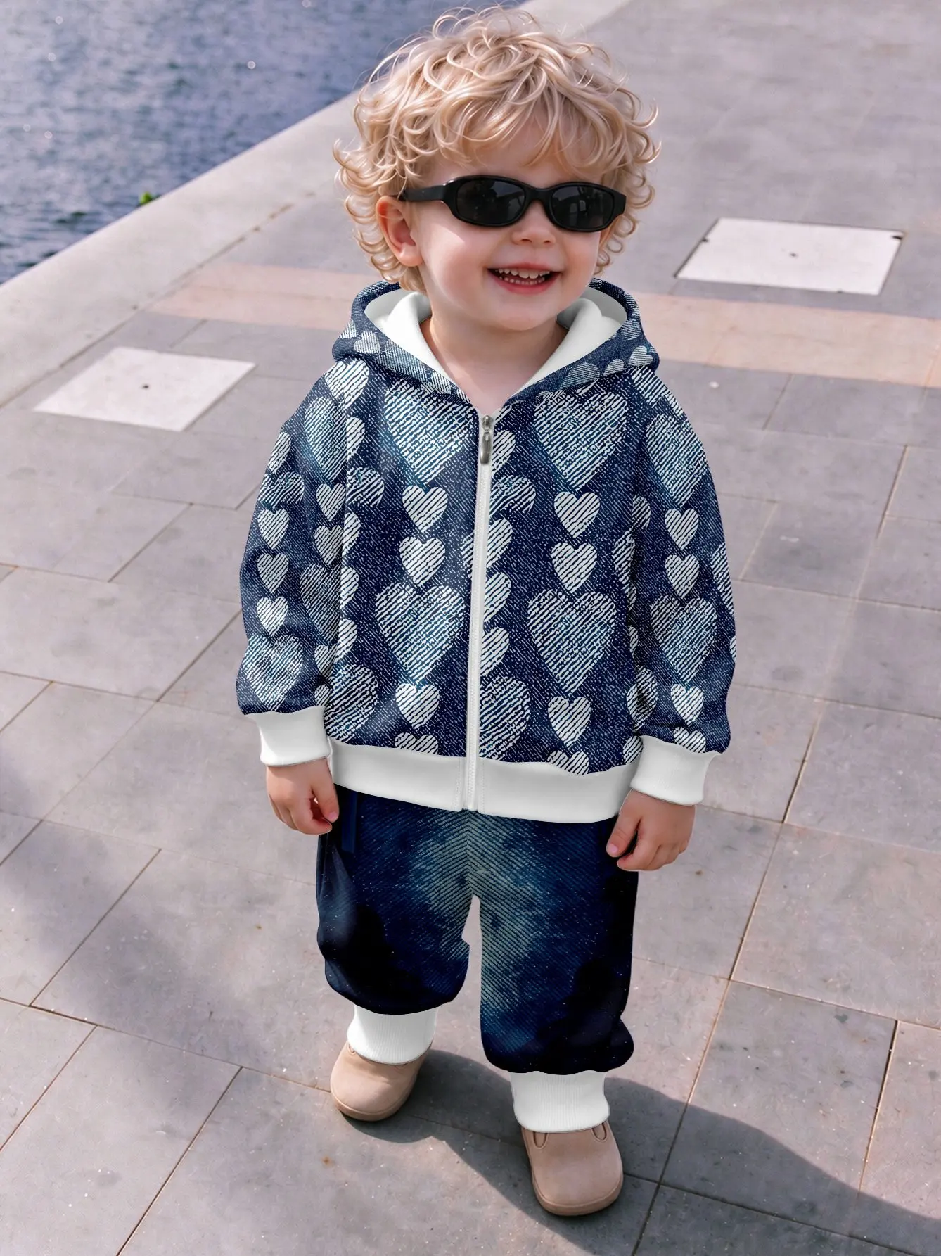 Baby Blue Striped Heart Regular Fit Zip Hooded Sweatshirt and Pants Set Top without Pockets, Pants with Pockets Sporty for Daily