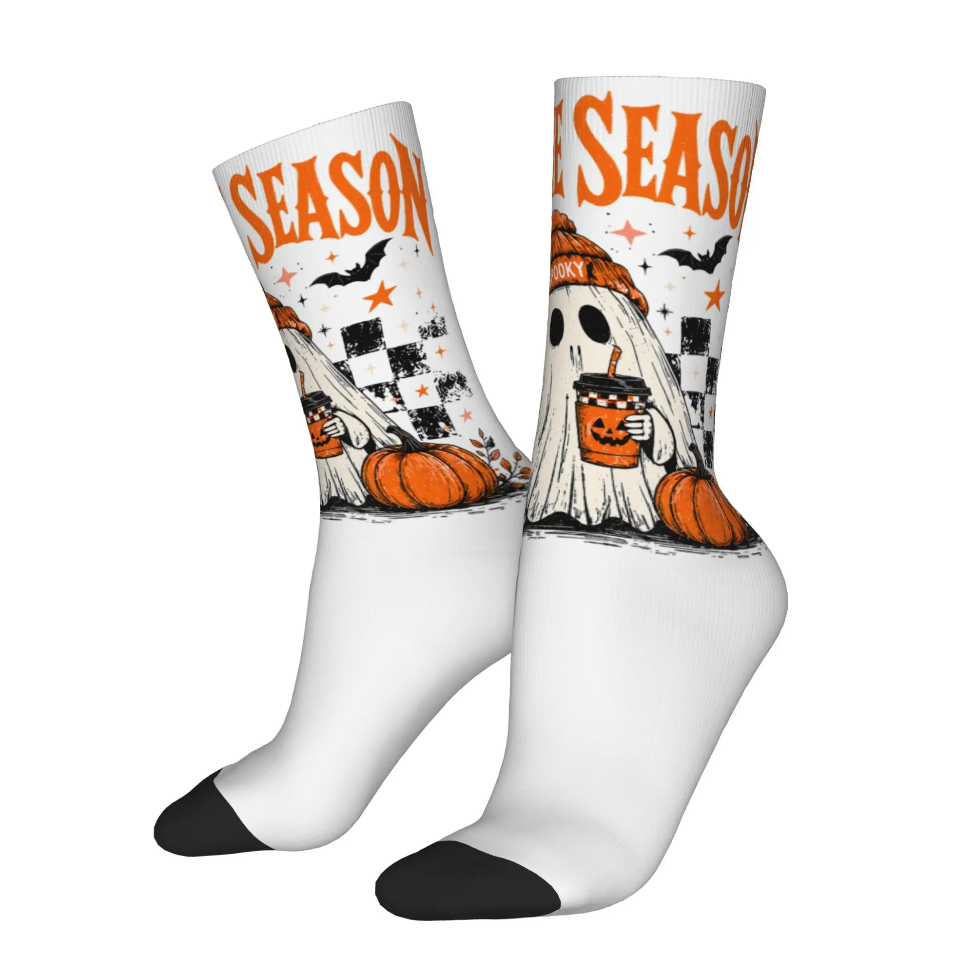 Casual Cute Ghost Coffee Autumn Fall Halloween Soccer Socks  Polyester Long Socks for Unisex Breathable
