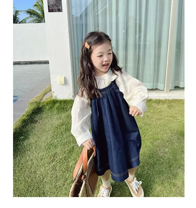 Girls Clothes Suit 2023 Spring New Doll Collar Shirt Korean Fashion Style Baby Girls Embroidery Long Sleeve Top Two-piece Set