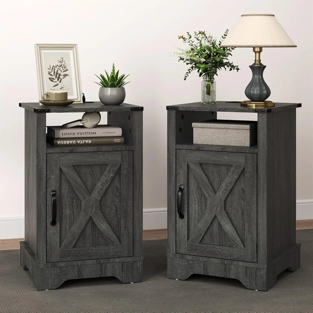 

Nightstand Set of 2, Grey End Table with Charging Station, Tall Farmhouse Bedside Table with Large Storage and Shelf,