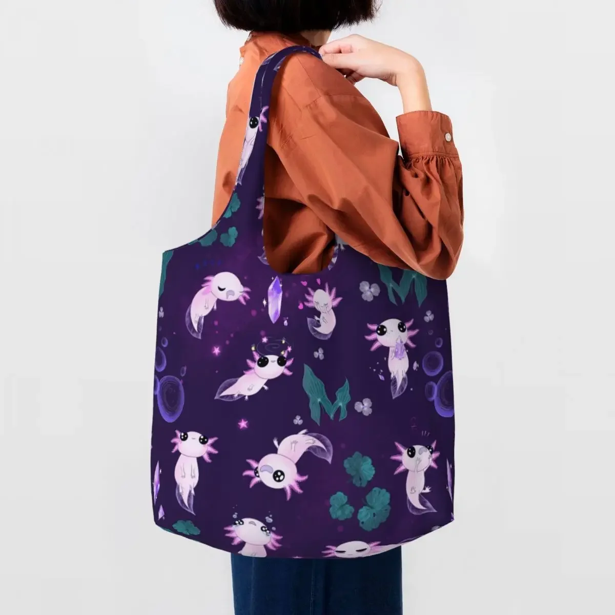 

Fashion Print Axolotl Pattern Tote Shopping Bag Durable Canvas Shopper Shoulder Salamander Animal Bags Photography Handbags