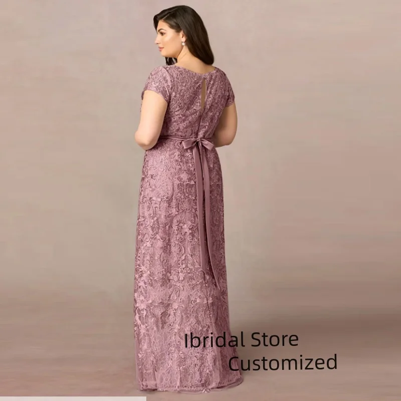 Customized Elegant O Neck Lace Appliques Short Sleeve A Line Long Mother Dress Ankle Length Bride Of Mother Dress Plus Size