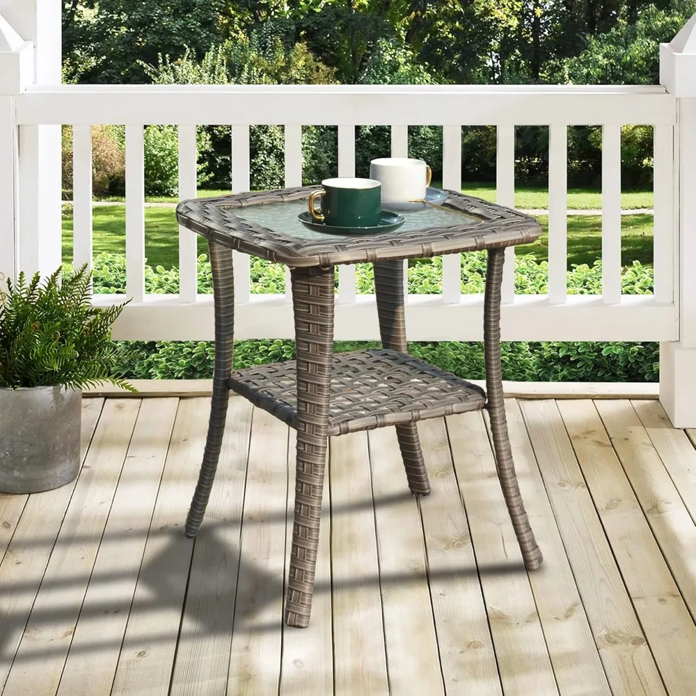 

Outdoor Wicker Rattan Side Table Garden Tea Table Square End Table with Glass Top for Backyard Deck Balcony