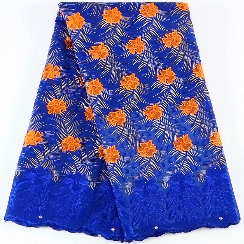 Royal Blue Swiss Voile Lace 2024 High Quality African Dry Cotton Dubai Lace Fabric With Stones For Sewing Evening Party Dress