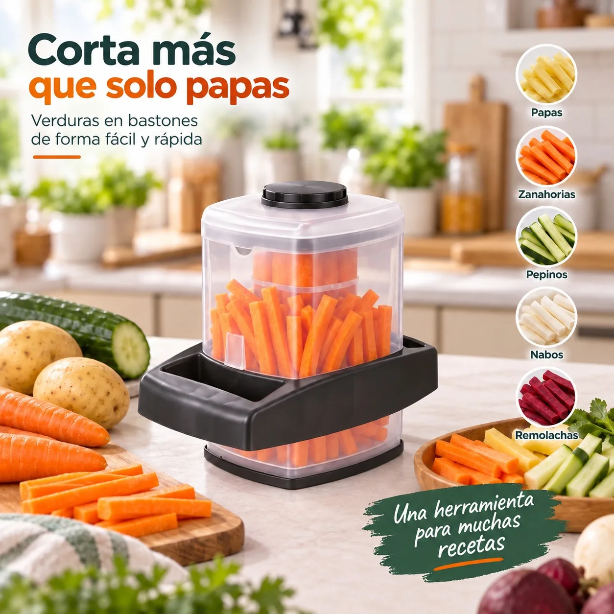 Cortador de Patatas y Verduras Manual en Bastones con Recipiente Transparente, Picador de Vegetales de Plástico con Cuchillas de Acero para Tiras Uniformes y Cocina Limpia