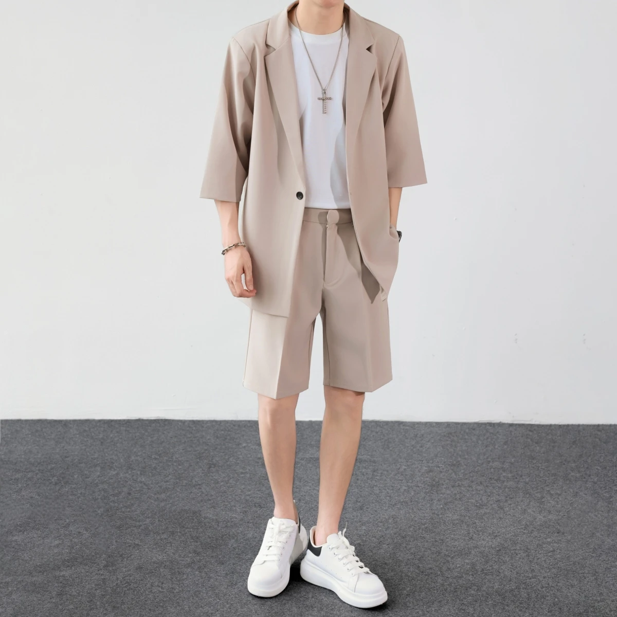 

Casual Loose Fit mid Sve Men's Suit Two Piece Set Thin Summer Korean Sle Lightweight Faion Urban Youth Polyester Fiber