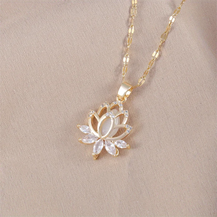 1 PC High-quality 18k Gold Electroplated Fashion Cat's Eye Stone Lotus Necklace Gives Women A Light Luxury Niche Design Sense