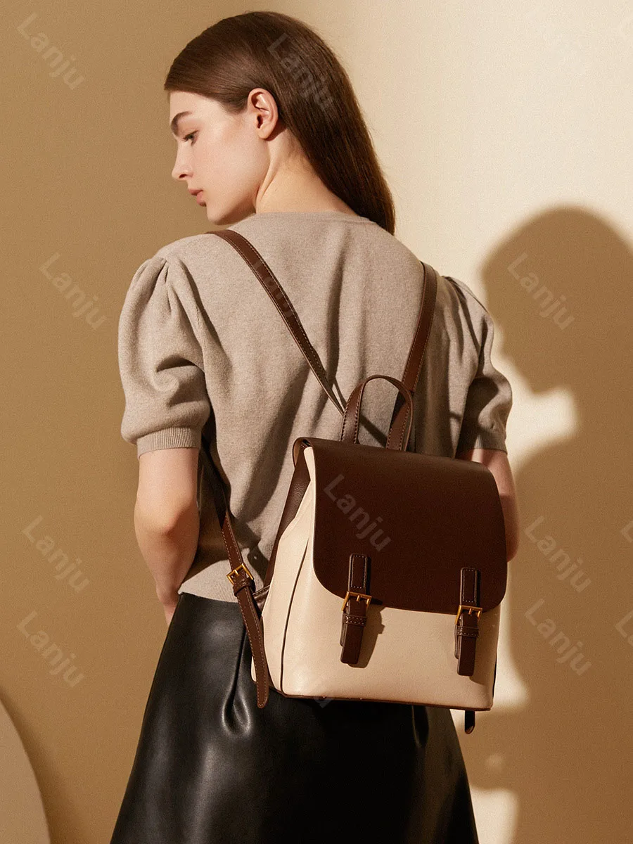 

2023 New Backpack Fashion Cowhide Designer Women's One Shoulder Handbag Retro Contrast Color Large Capacity Travel Casual Bag