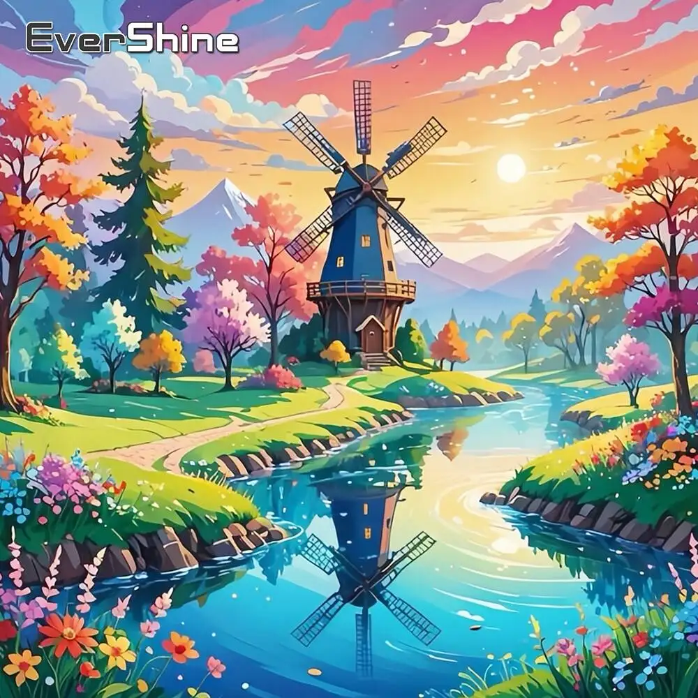 Evershine Neue Ankunft Diamant Malerei Fluss Mosaik Baum Landschaft Bild Von Strass Stickerei Windmühle Kind Hobby