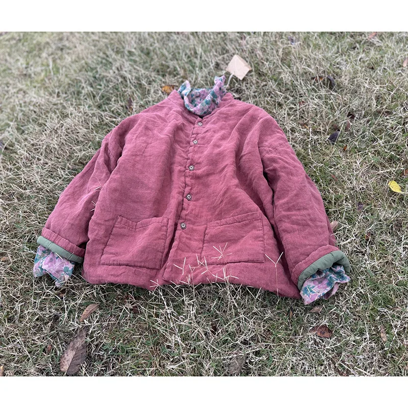 

Arts Style New Autumn Winter Women Long Sleeve O Neck Single Breasted Parker Good Quality Cotton Pocket Patchwork Coats Y179