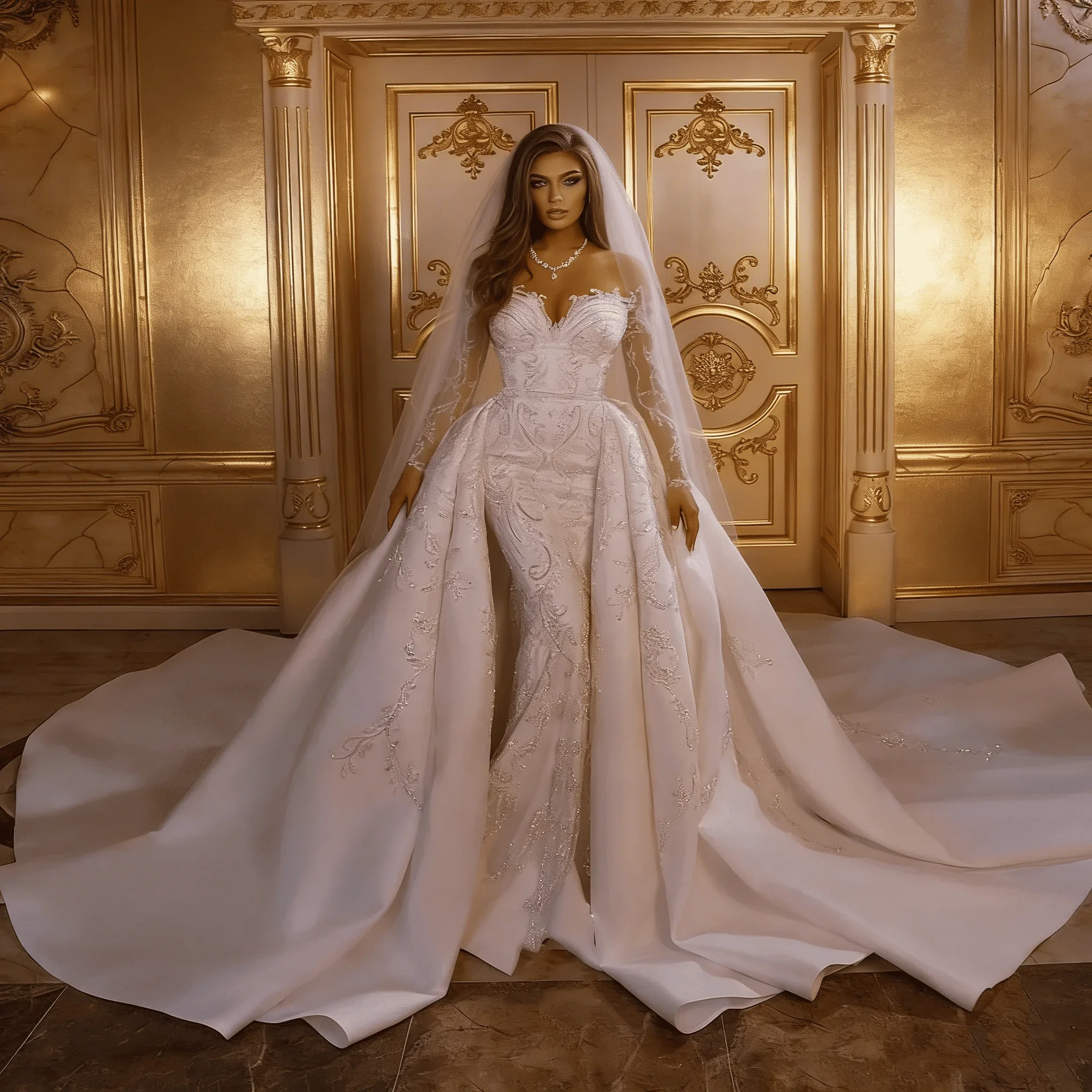 

Luxury Mermaid Wedding Dress with Lace Long Sleeves Applique Beading Detachable Tail Bridal Gown Vestidos De Novia Customized