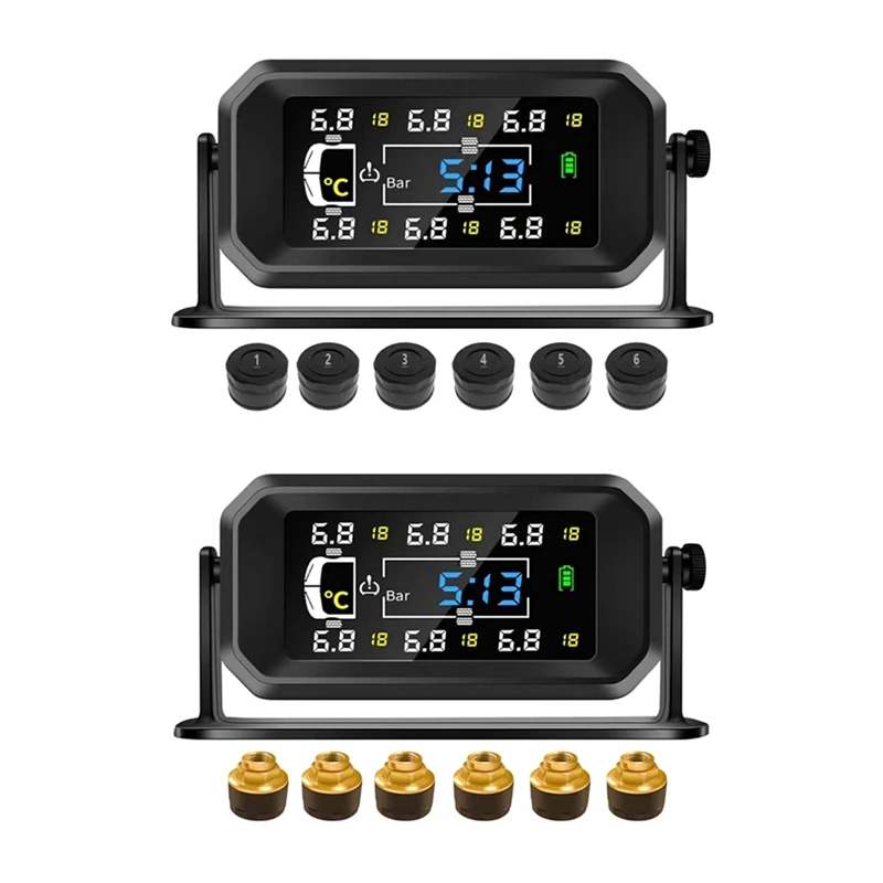 

Top Sale Car RV Truck TPMS 6 Wheels Sensor Solar Tire Pressure Monitoring System Temperature Clock Air Pressure Display Alarm