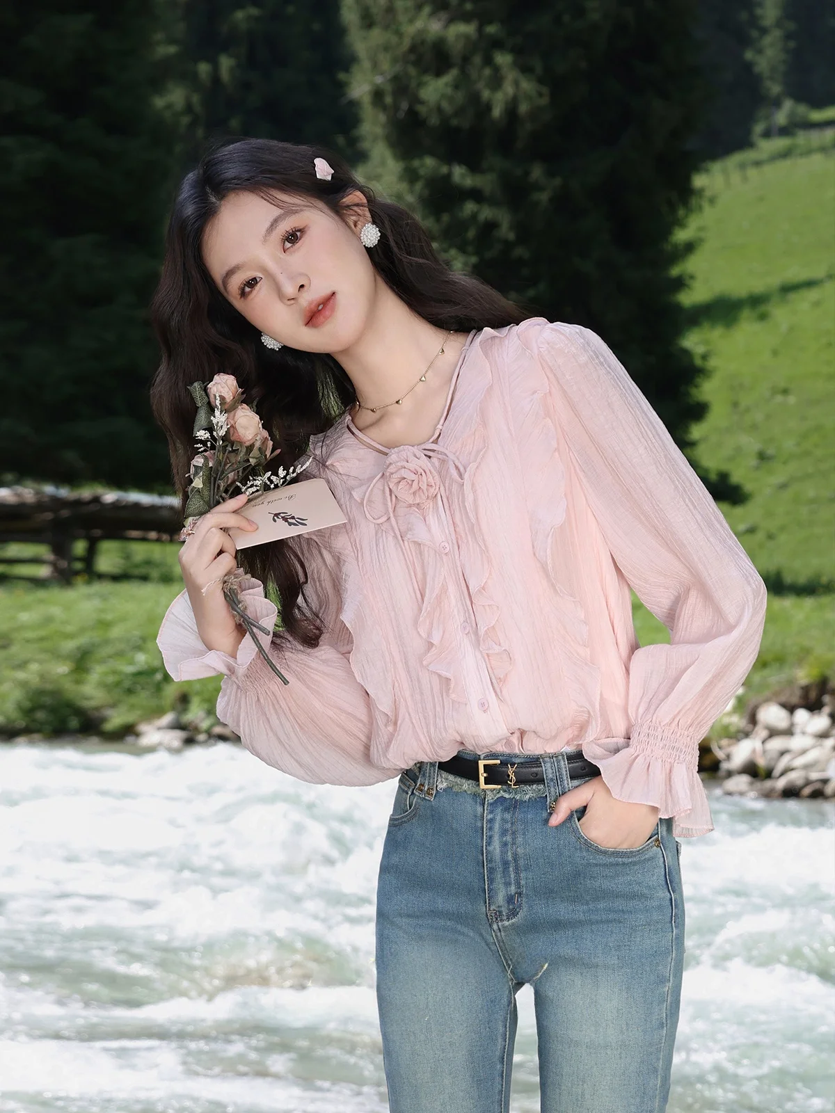 

Elegant Pink Long Sleeve Shirt Women's Fashion Design Spring Autumn Casual Loose Fit Button up French Style Pure Color Shirt