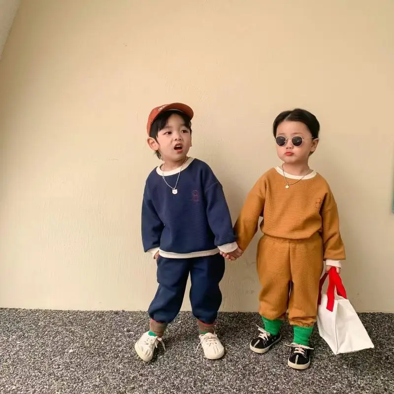 New Boys Round Neck Sets Girls Solid Color Cute Sweet Suit Spring Autumn Children's Fashion Leisure Two-Piece 12M-6 Years Old