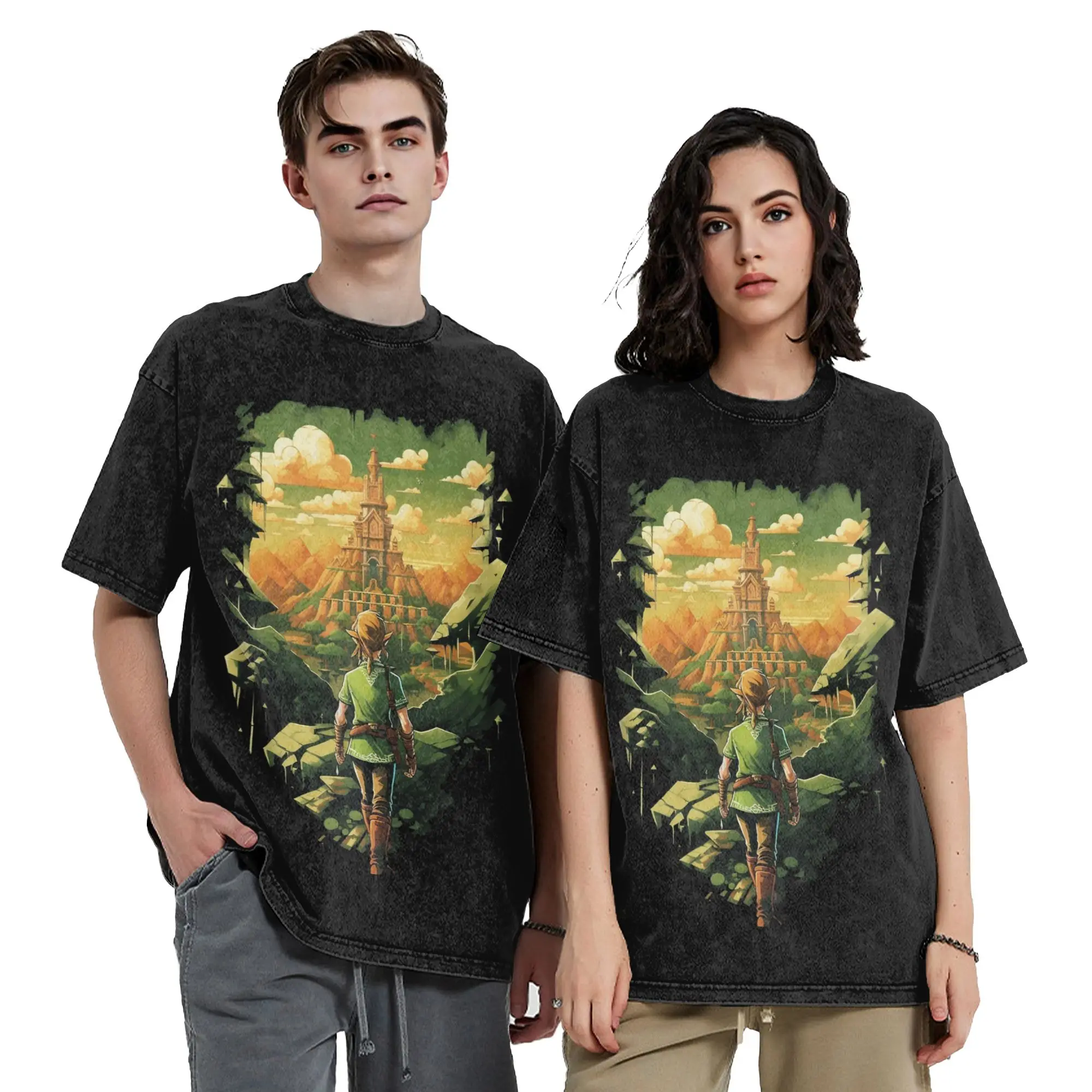 Zeldas Legend Link Washed T Shirts Streetwear Vintage T-Shirts Game Anime Tees Tops for Men Women Cotton High Street