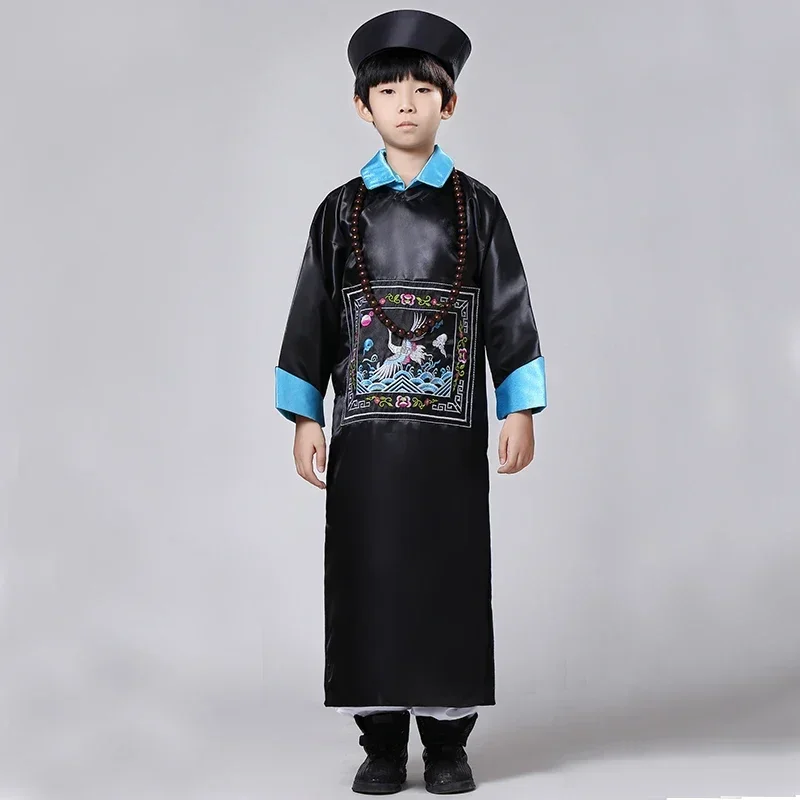 

Horror Chinese Traditional Children Zombie Costumes Boy Ancient Qing Dynasty Officials Ministers Cosplay Suit with Hat Halloween