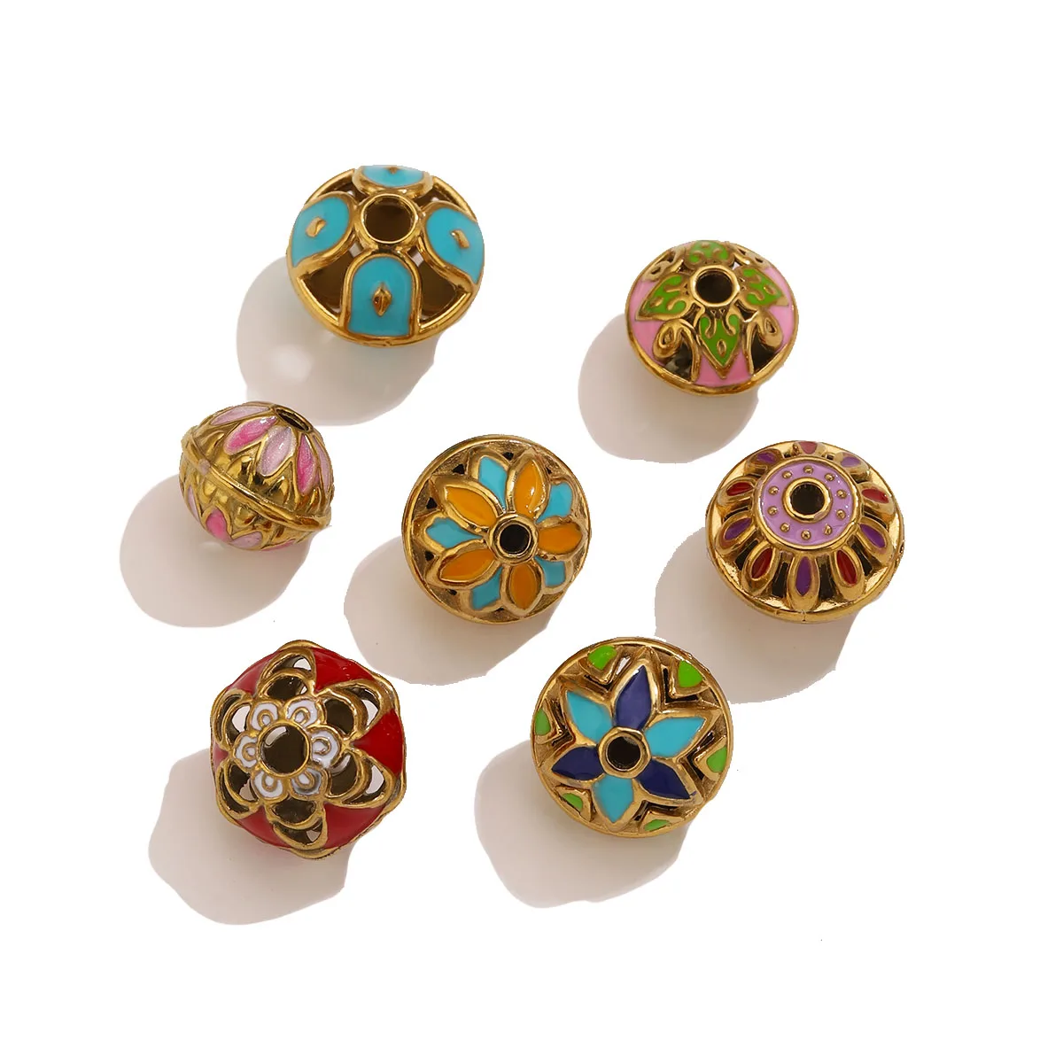 5PCS Stainless Steel Enamel Spacer Beads PVD Gold Mixed Floral Pattern DIY Jewelry Making for Bracelet Necklace Craft Supplies