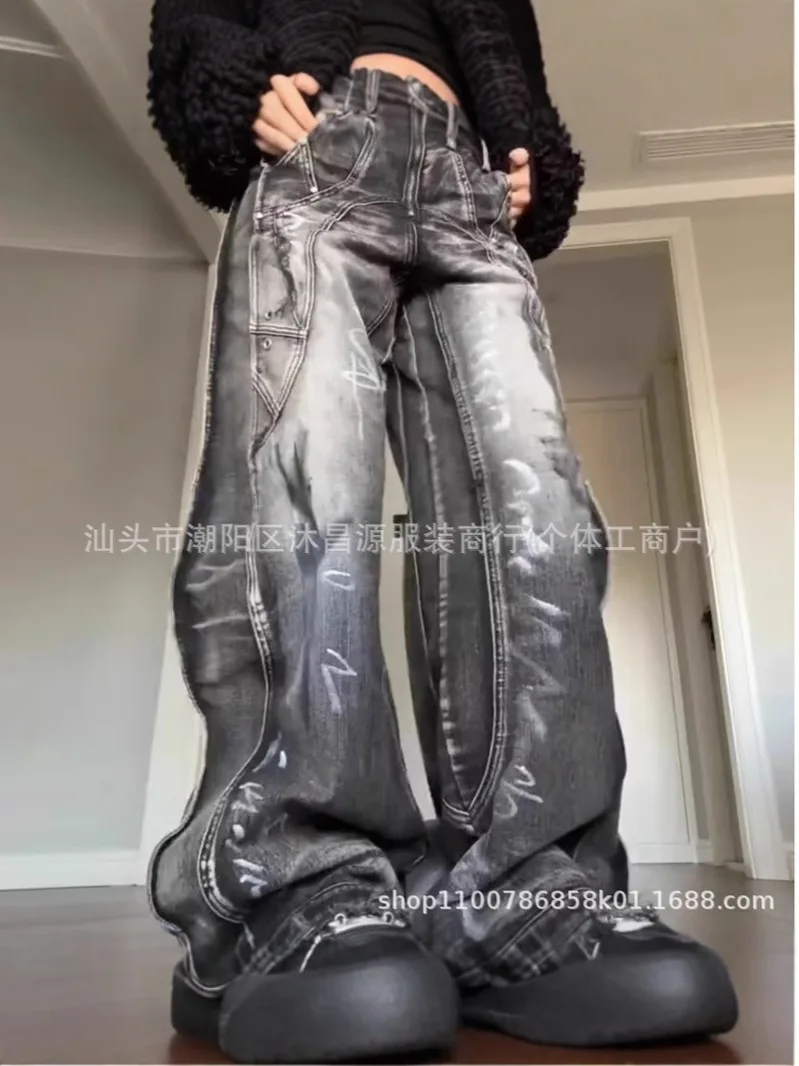 여성용 블랙 고딕 청바지 하라주쿠 Y2K 90년대 감성 배기 데님 바지 한국 펑크 진 팬츠 빈티지 2000년대 트래시 의류