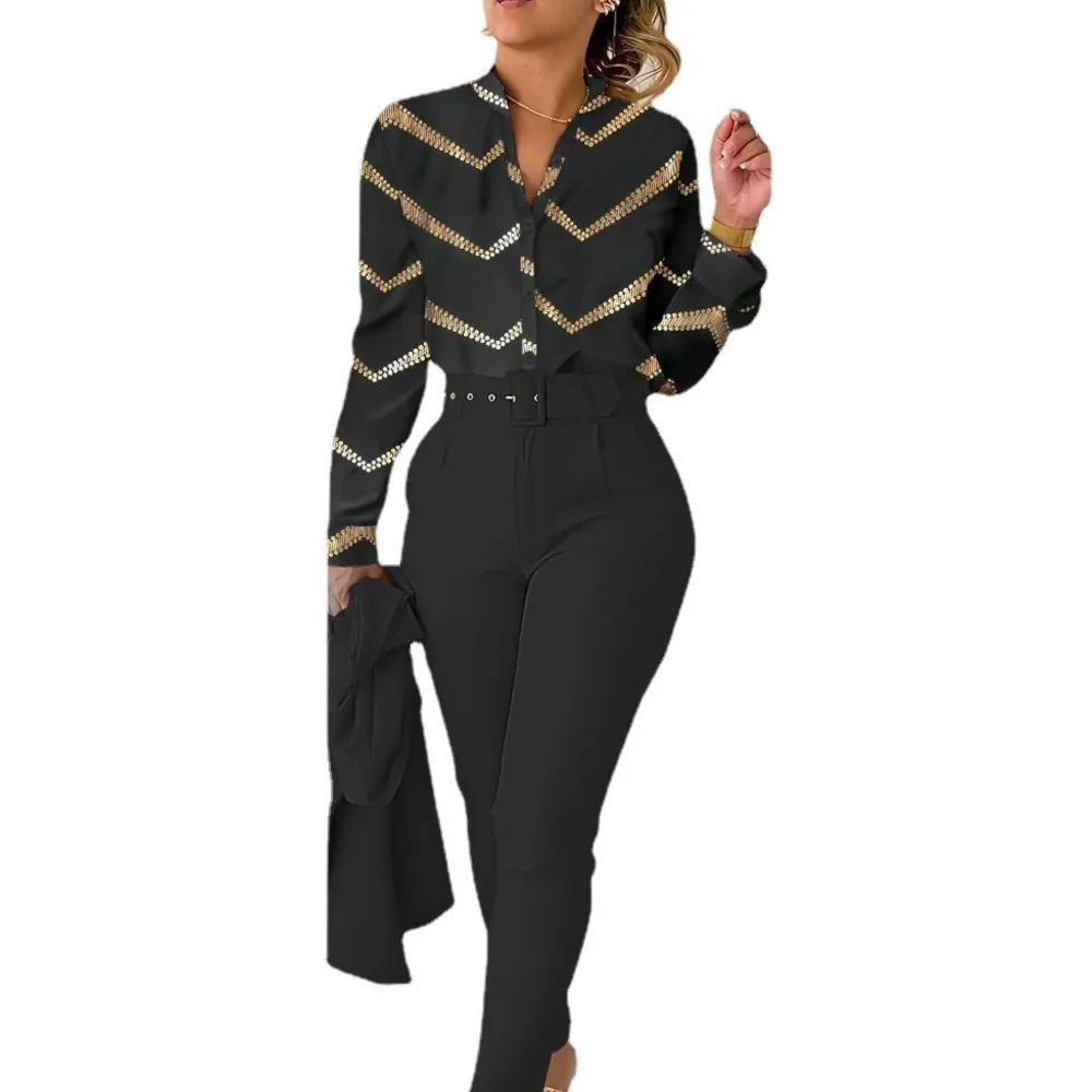 New Fashion Printed Long Sleeve V Neck Shirt Women\'s Suit Spring Autumn Slim Elegant Female Office Pants 2 Piece Set With Belt