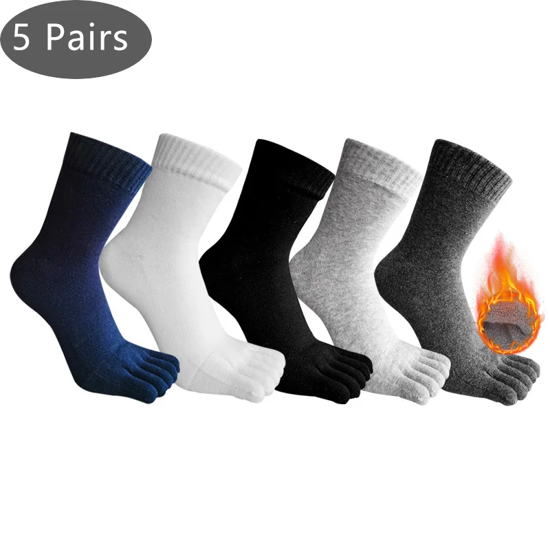 5 Pairs Winter Thick Five Finger Socks Man Cotton Solid Business Anti-Bacterial Breathable Warm Floor Sleeping Terry Toe Socks