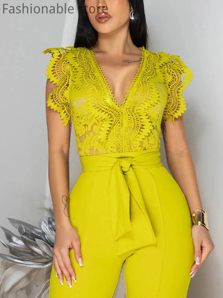 

Women's Sexy Sleeveless Lace Patchwork Jumpsuits Solid Color Hollow Out Belted Wide Leg Rompers