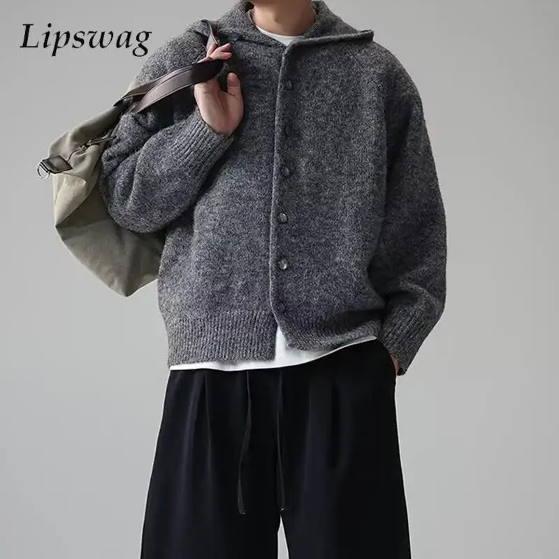 

Stylish Button-up Hooded Sweaters Men Casual Solid Color Long Sleeve Knit Cardigans Men Winter Vintage Knitting Sweatercoat