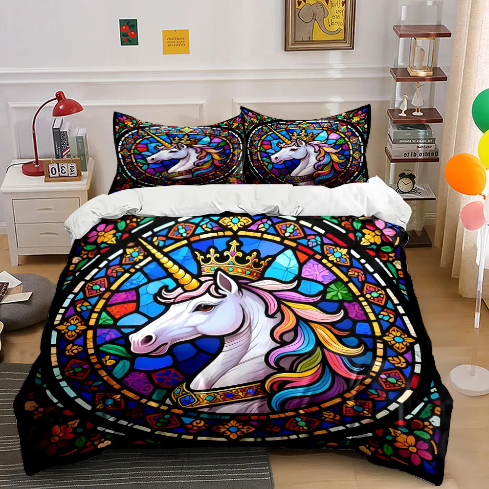 Stained Glass Unicorn with Crown Print Soft Comfortable Duvet Cover Bedding Set Included 1*Duvet Cover 2*Pillowcases