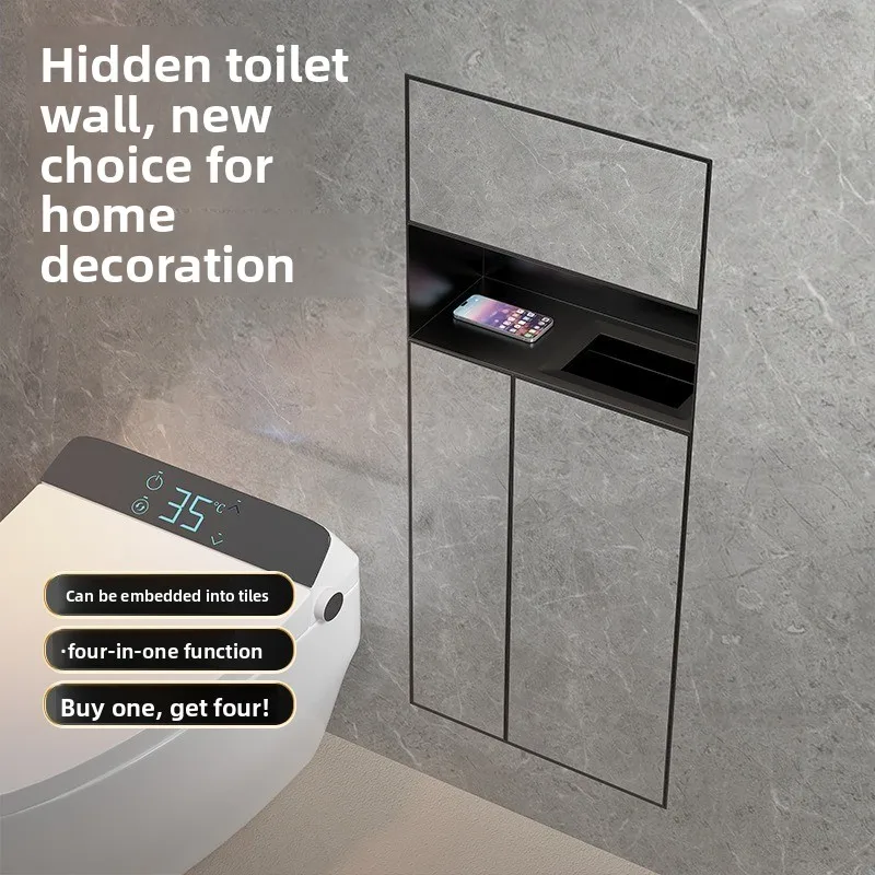 Toilet embedded trash can, hidden stainless steel tissue box niche, tiled toilet brush rack
