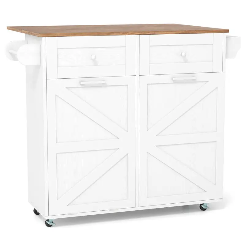 

Rolling Kitchen Island with Trash Can Cabinet and Rubber Universal Wheels-White