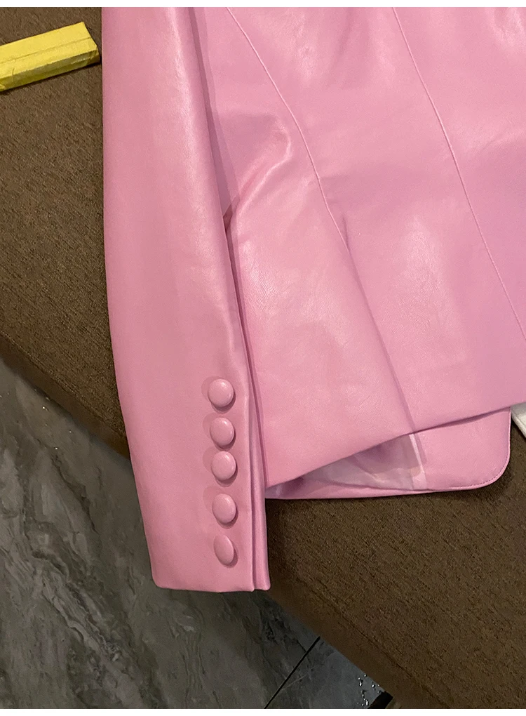 Lautaro Spring Stylish Short Pink Soft Pu Leather Blazer Long Sleeve Slim Fit Luxury Jackets for Women 2022 Elegant Fashion 5xl