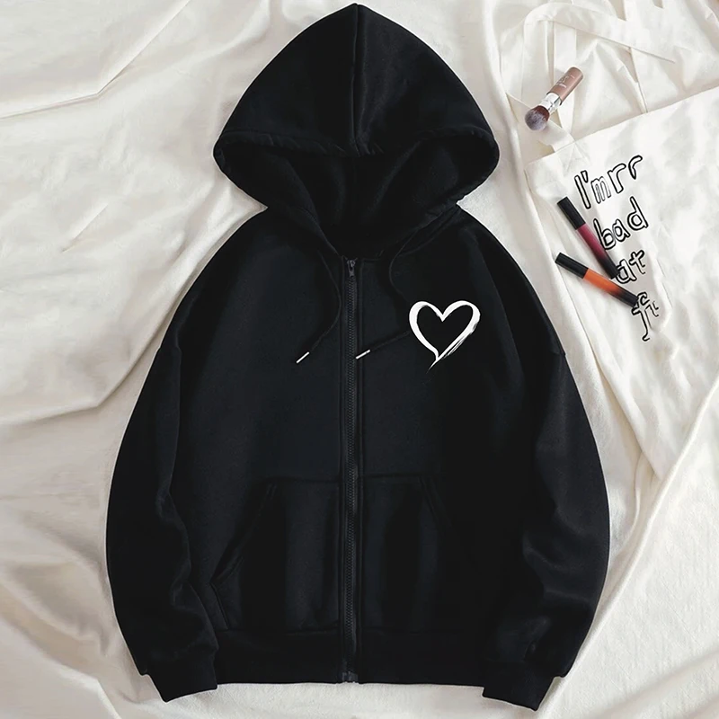 

Heart Printed Zipper Thermal Lined Drawstring Hoodie Loose Casual Women's Zip Sweatshirt Jacket