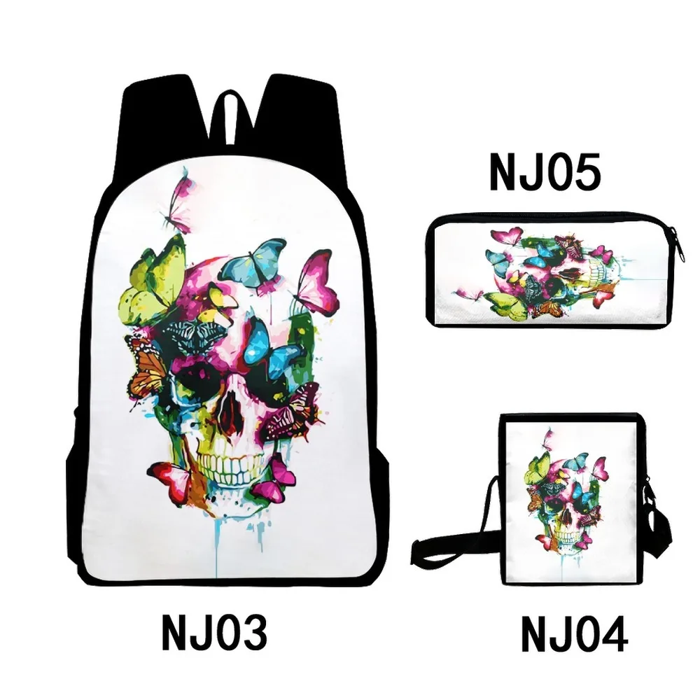 Conjunto de 3 3d impresso crânio, esqueleto, flor, mochila para alunos do ensino primário e médio, mochila, saco crossbody, estojo de lápis