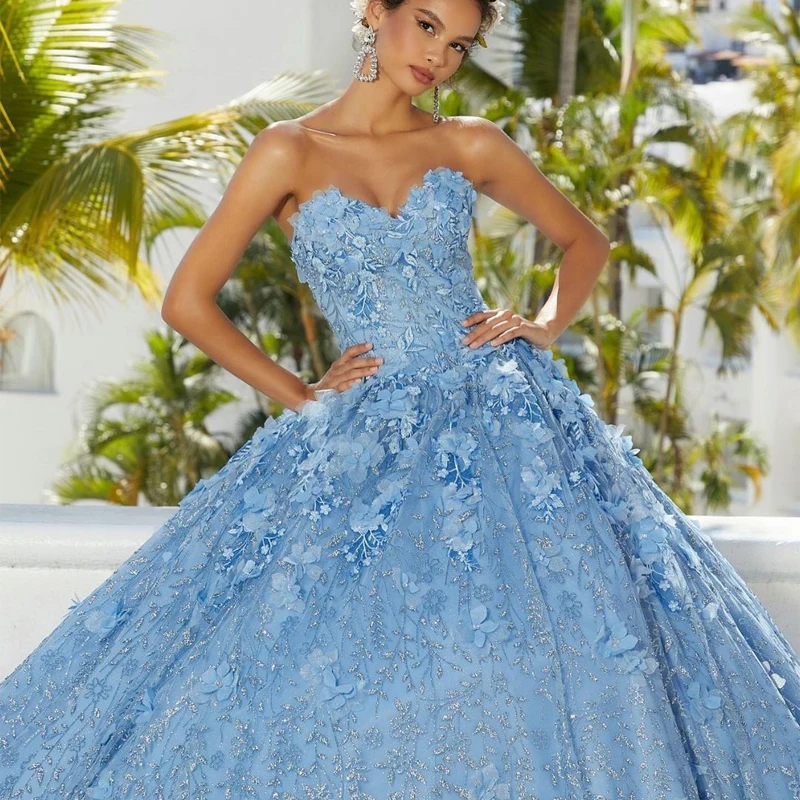 Blue Quinceanera Dresses 2023 Sweetheart Backless 3D Flower Lace Applique Long Puff Sleeve Sweet 15 16 Birthday Ball Gown