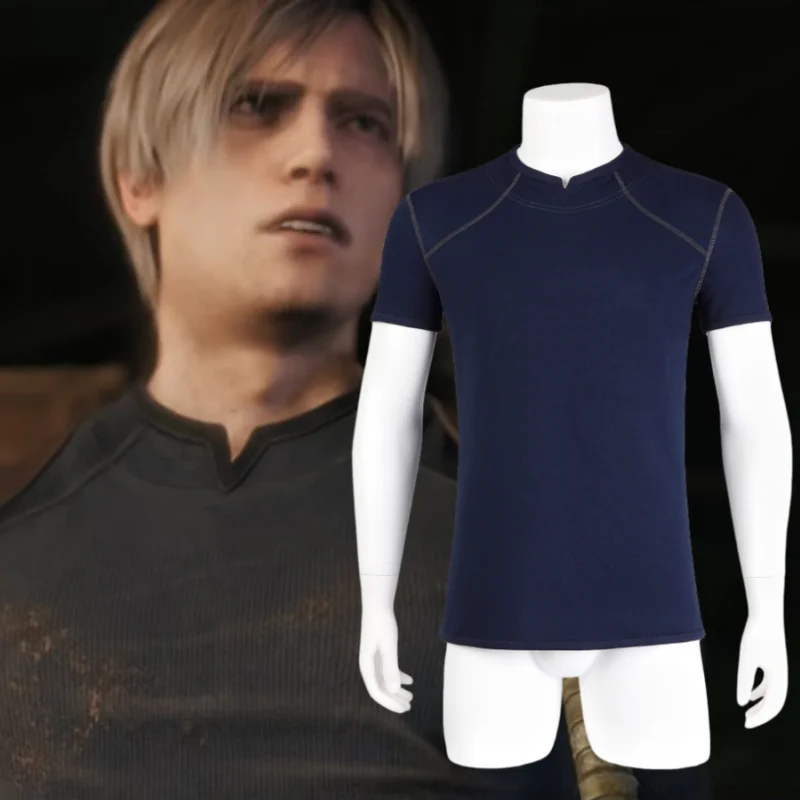 Camiseta masculina azul marinho com gola V e manga curta, modelo slim fit, ideal para cosplay de Lyon, exposições de quadrinhos e representações.