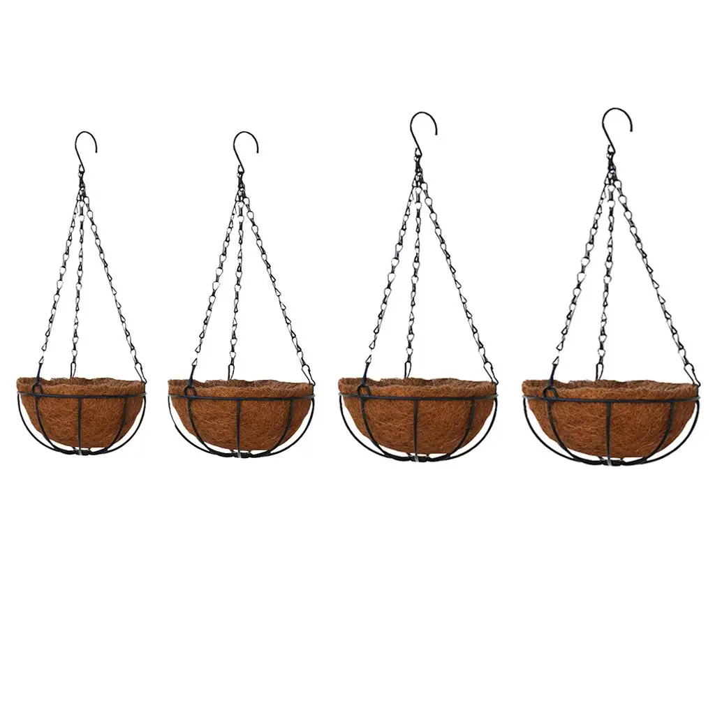Metal Hanging Flower Basket with Coconut Liner Outdoor Planter Pot Chain Holder for Garden Wall Decoration