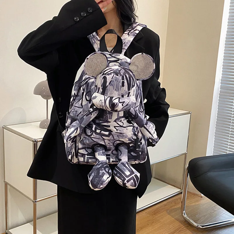 Disney Mickey Mouse Doll Backpack Printed Graffiti Student Cartoon 3D Schoolbag Trend Cross Shoulder Bag Children Storage Bag