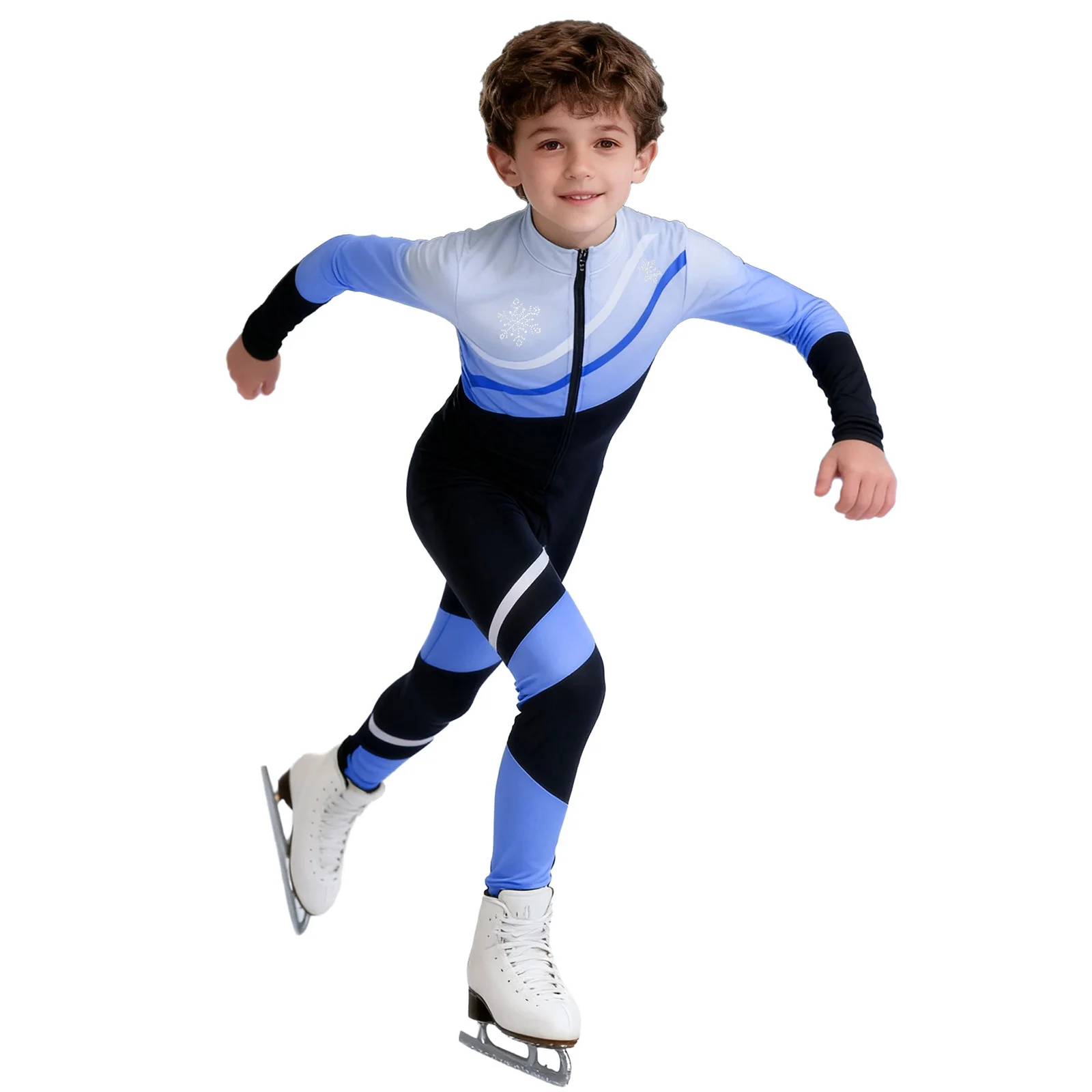 Crianças meninos meninas patinação artística macacão gola manga longa brilhante strass floco de neve cor bloco zíper bodysuit macacão