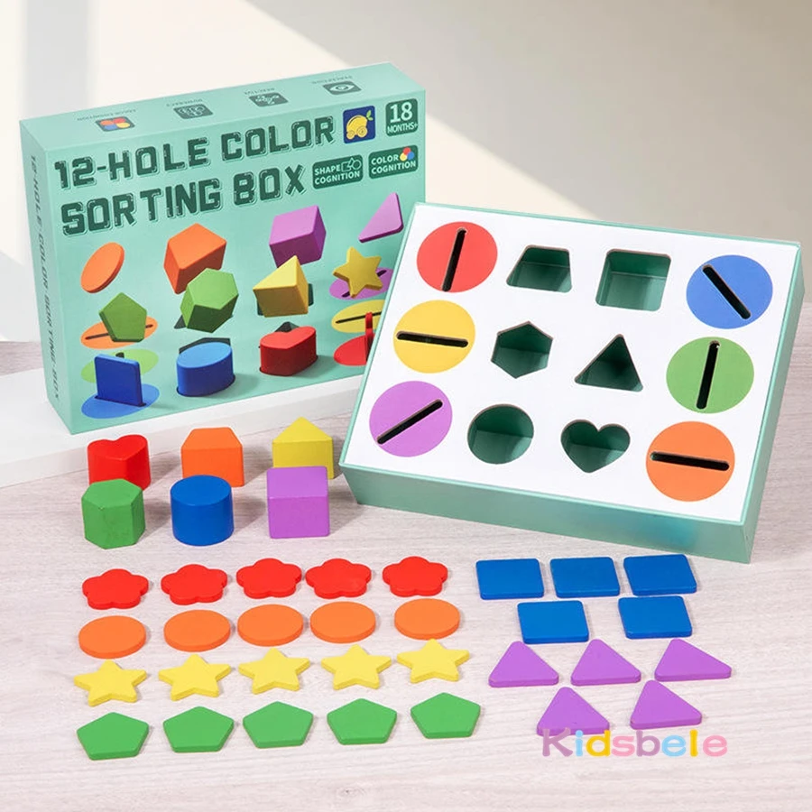 Caixa de classificação de forma de cor educacional crianças forma de madeira jogo de correspondência montessori cor cognição puzzle brinquedo 9 & 12 buracos caixa ocupada