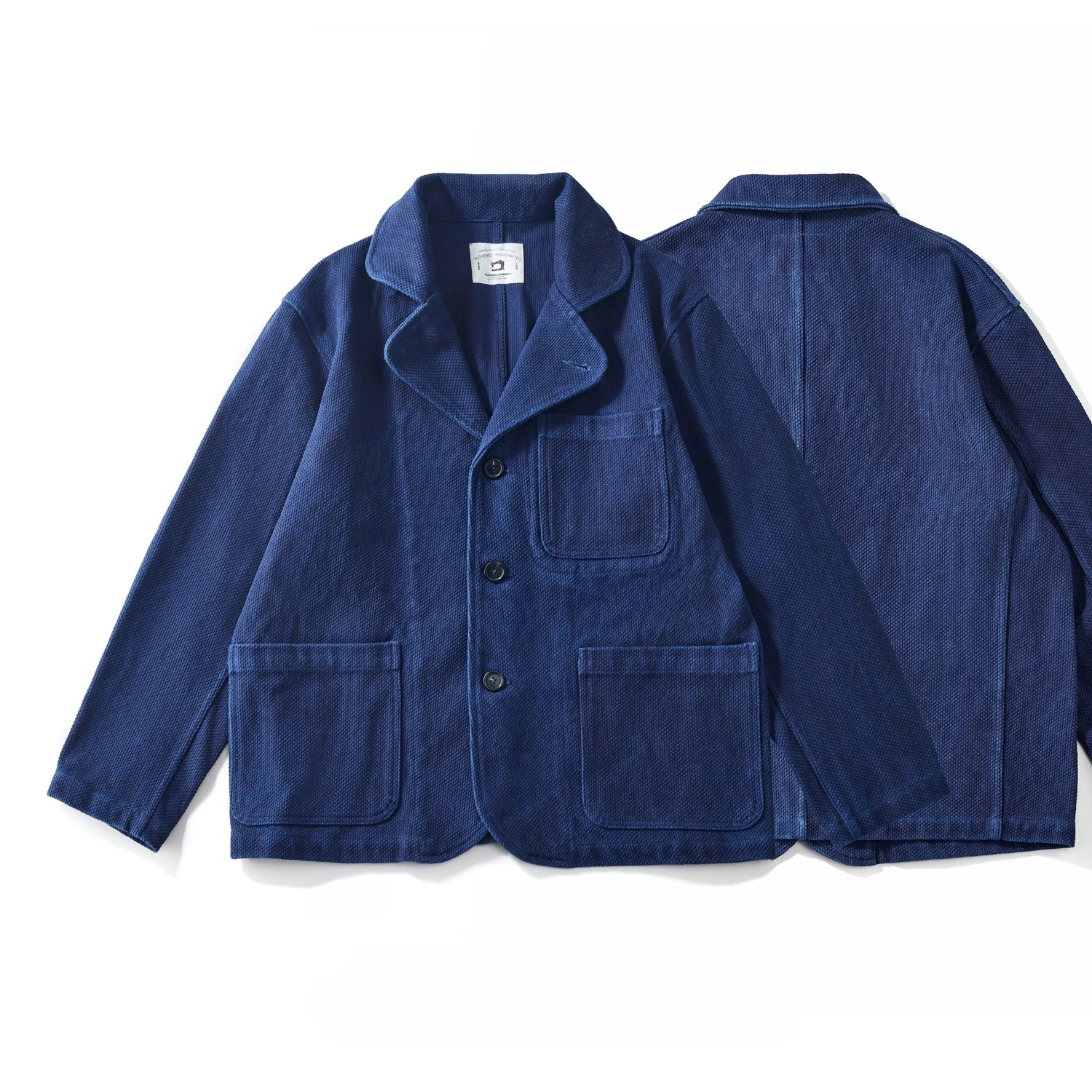Japanese Vintage Sashiko Stitch Indigo Blue Workwear Jacket for Men Lapel Collar Multi Pockets Casual Button Up Outdoor Coat