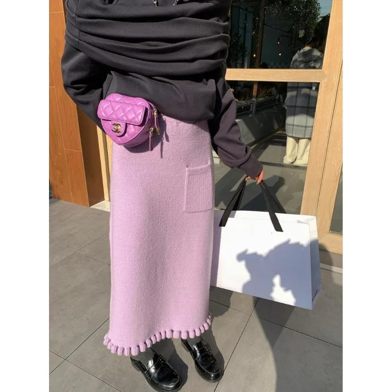 

Женская зимняя трикотажная юбка с отделкой ушками и нишевой длинной прямой юбкой с высокой талией