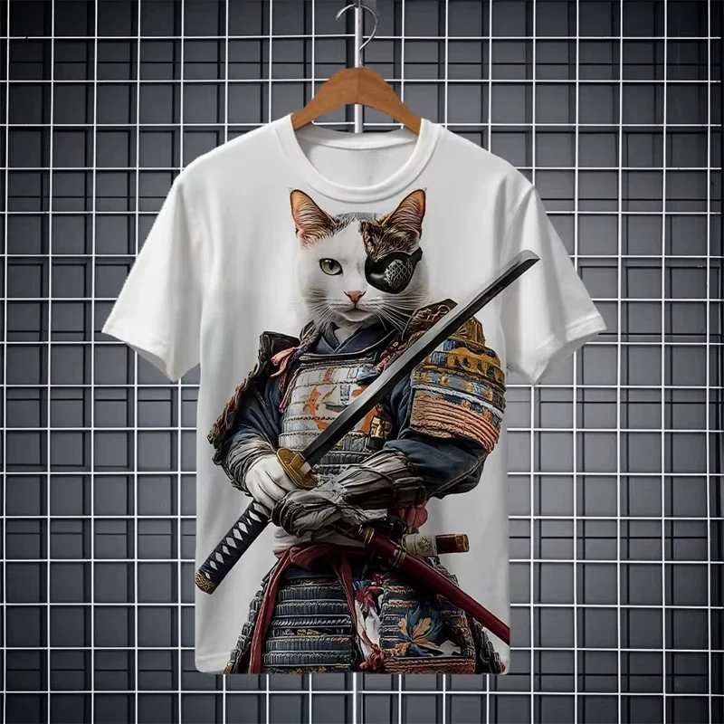 Fashion Japanese Samurai Cat 3D Print Men's short Sleeve T-shirt Casual festival Crew Neck t shirt Tops polyester Men Clothing