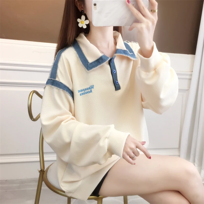 

Women's Spring Autumn Button Splicing Pullover Solid Turn-down Collar Lantern Long Sleeve T-shirt Casual Elegant Undershirt Tops