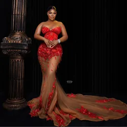 African Amazing Red Lace Mermaid Prom Dresses Custom Made 3D Floral Embroidered Wedding Guest Gown Aso Ebi Formal Party Dresses