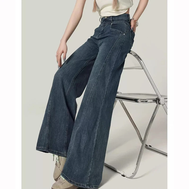 Damskie dżinsy z wysokim stanem, retro, jednolite, rozszerzane, eleganckie, w stylu koreańskim, proste nogawki, klasyczne spodnie dżinsowe damskie.