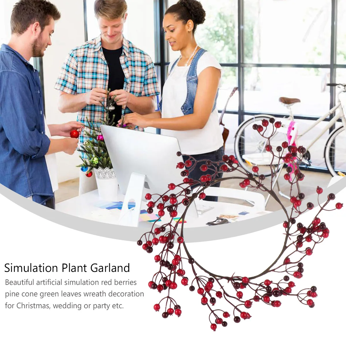 

Artificial Rattan Christmas Wreath Red Berries Decorative Lightweight Pendant for Home Party Wedding Store Simulation Plant