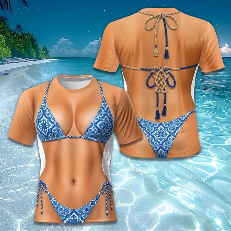 Novelty Beach Theme Womens 3D Printed T‑Shirt Optical Illusion Fake Bikini Tattoo Skeleton Back Pattern Casual Streetwear Tees
