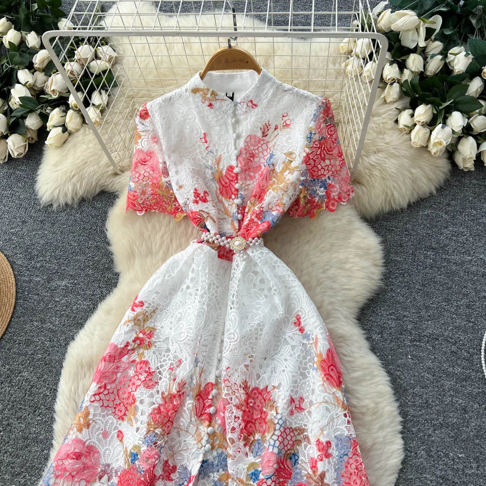 Elegante laço francês floral impressão recorte vestido feminino verão único breasted strass acentos cintura-emachecendo a linha vestido longo